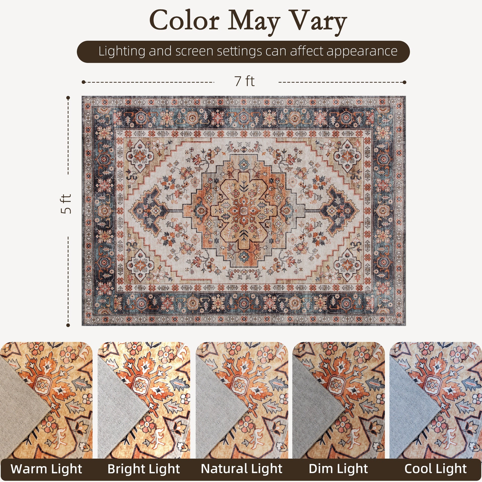HOMCOM Area Rug 5x7, Machine Washable Rug, Non-Slip Boho Print Pattern Medallion Carpet for Living Room, Bedroom, Tawny Brown