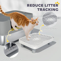 PawHut Stainless Steel Litter Box with High Sides, Metal Cat Litter Box with Scoop, Pedal, Anti-Urine Leakage, Non-Sticky