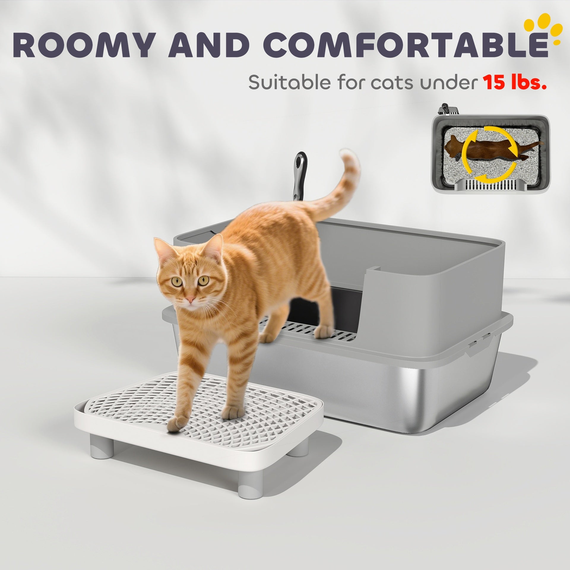 PawHut Stainless Steel Litter Box with High Sides, Metal Cat Litter Box with Scoop, Pedal, Anti-Urine Leakage, Non-Sticky