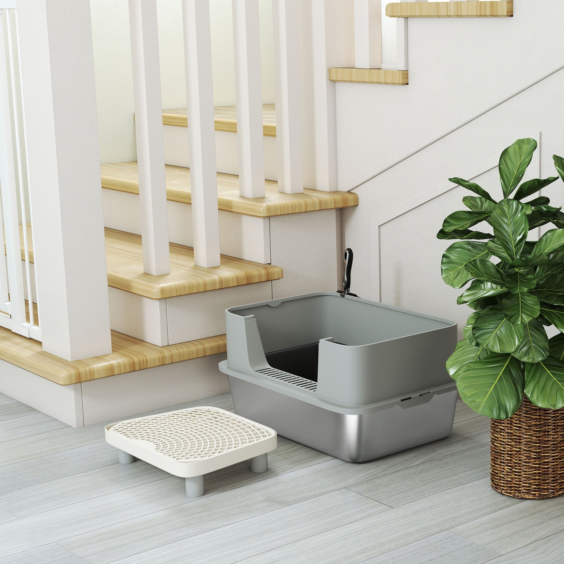 PawHut Stainless Steel Litter Box with High Sides, Metal Cat Litter Box with Scoop, Pedal, Anti-Urine Leakage, Non-Sticky