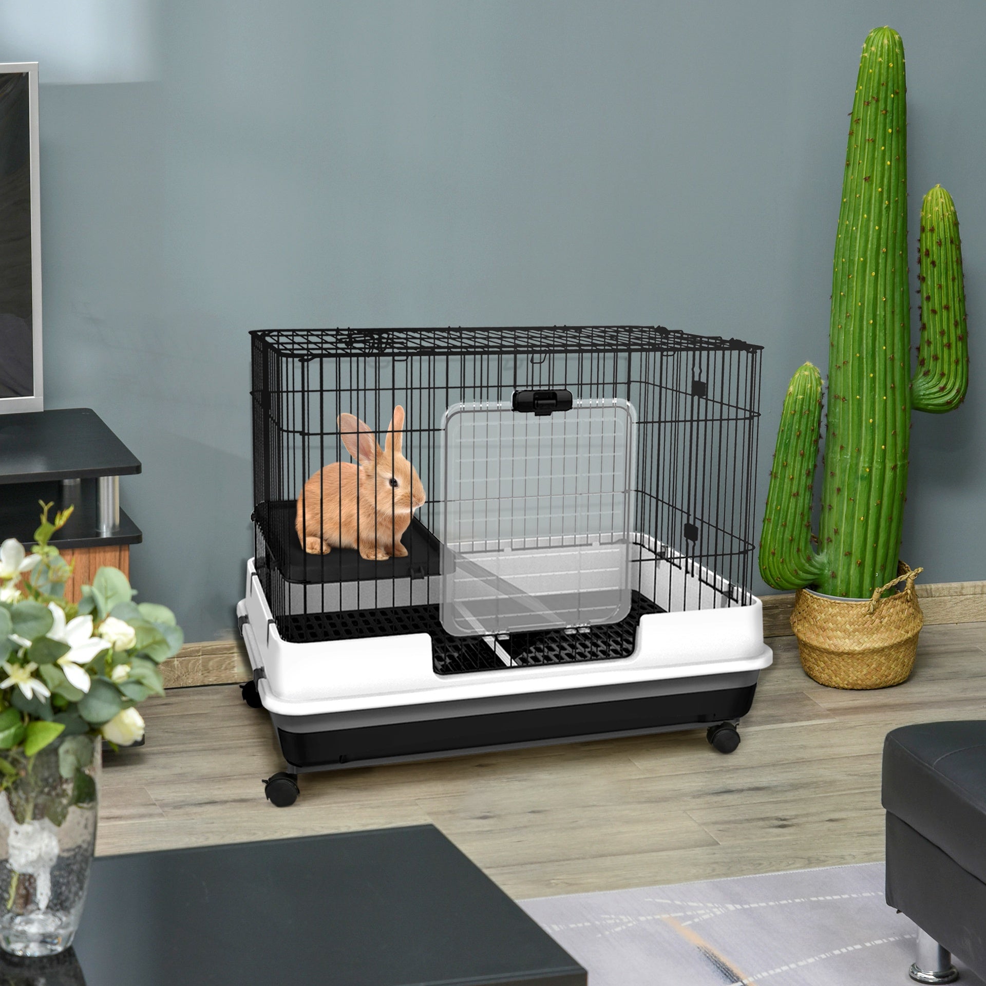 PawHut 2-Level Small Animal Cage Rabbit Hutch with Wheels, Removable Tray, Platform and Ramp for Bunny, Chinchillas, Ferret, Black