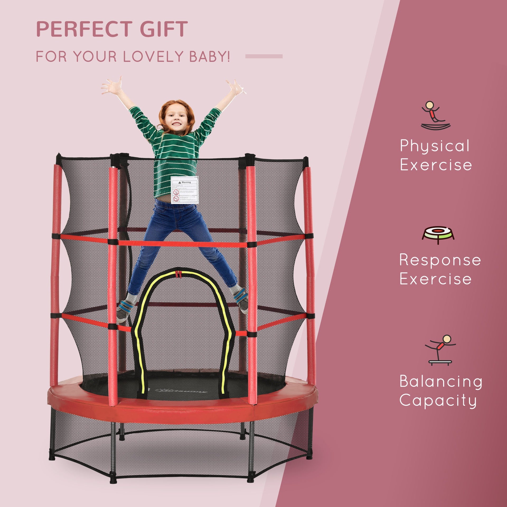 Outsunny Φ5FT Kids Trampoline with Enclosure Net for Age 3 to 6 Years Red