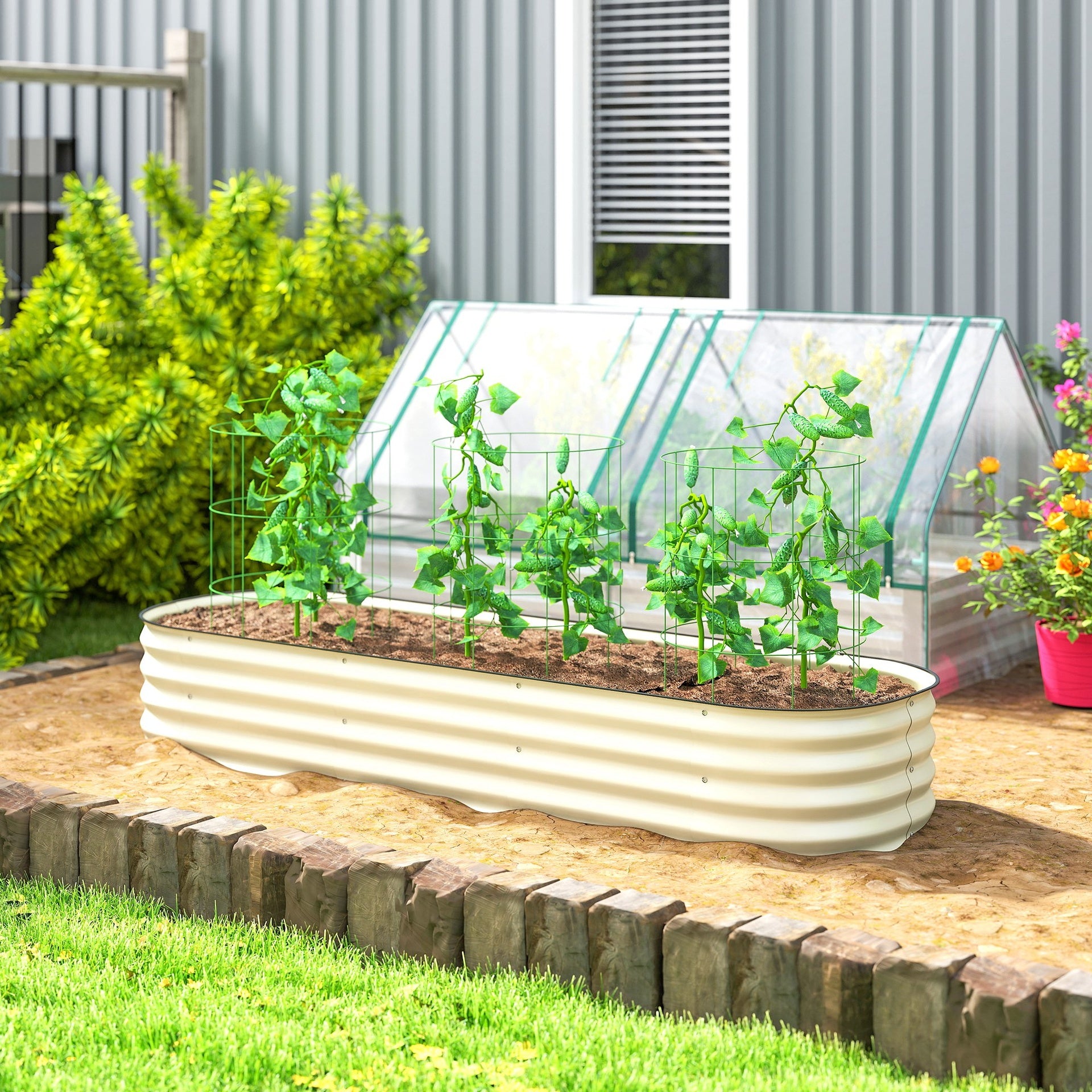 Outsunny 6.4' x 2' x 1' Galvanized Raised Garden Bed Kit, Metal Planter Box with Safety Edging, Cream