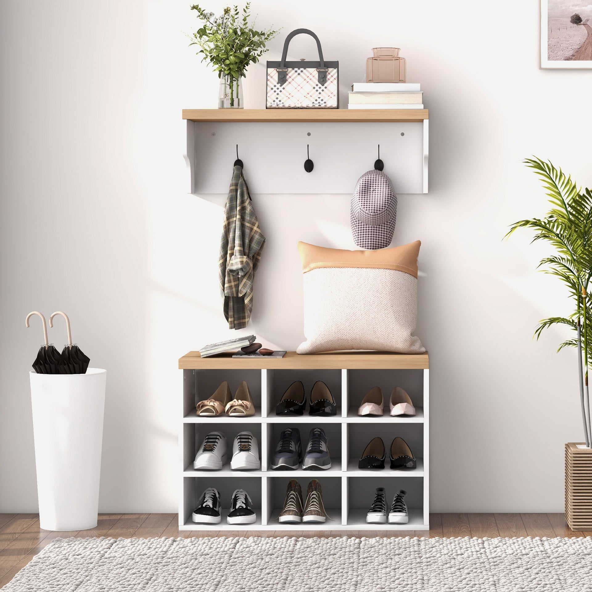 HOMCOM 2-in-1 Coat Rack Shoe Bench Set, 5-Hook Hall Tree with Bench and Shoe Storage for 9 Pairs of Shoes for Entryway, Hallway, White
