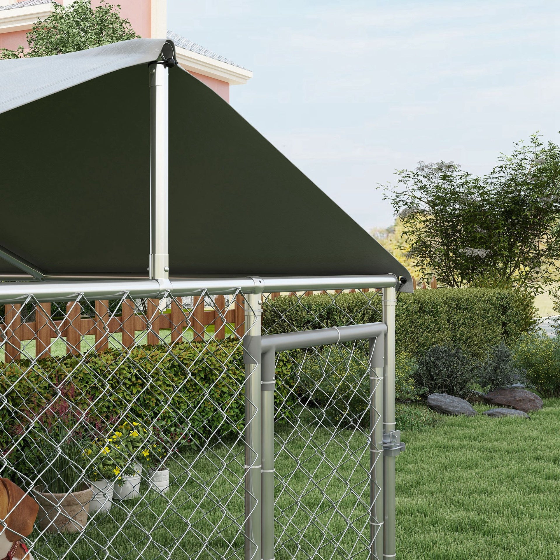 PawHut 6.6' x 6.6' x 4.9' Dog Kennel Outdoor for Small Medium Dogs with Waterproof Roof, Silver