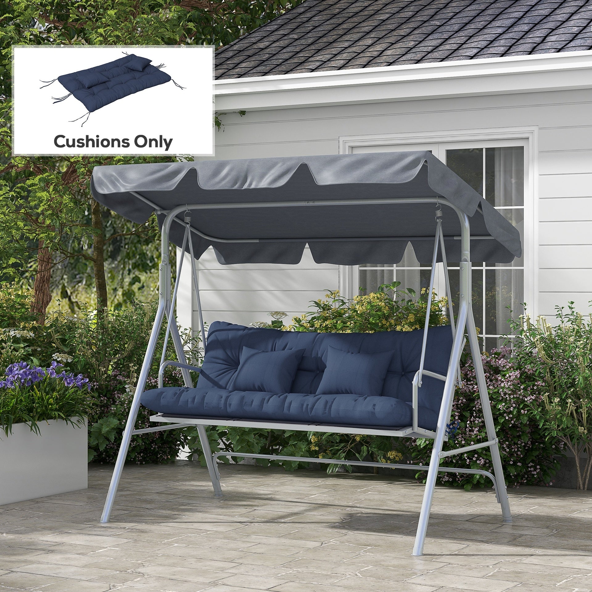 Outsunny 59" Tufted Bench Cushions & Throw Pillows, Replacement Bench Seat Pad, Back & 2 Pillows for Outdoor Furniture, Navy Blue