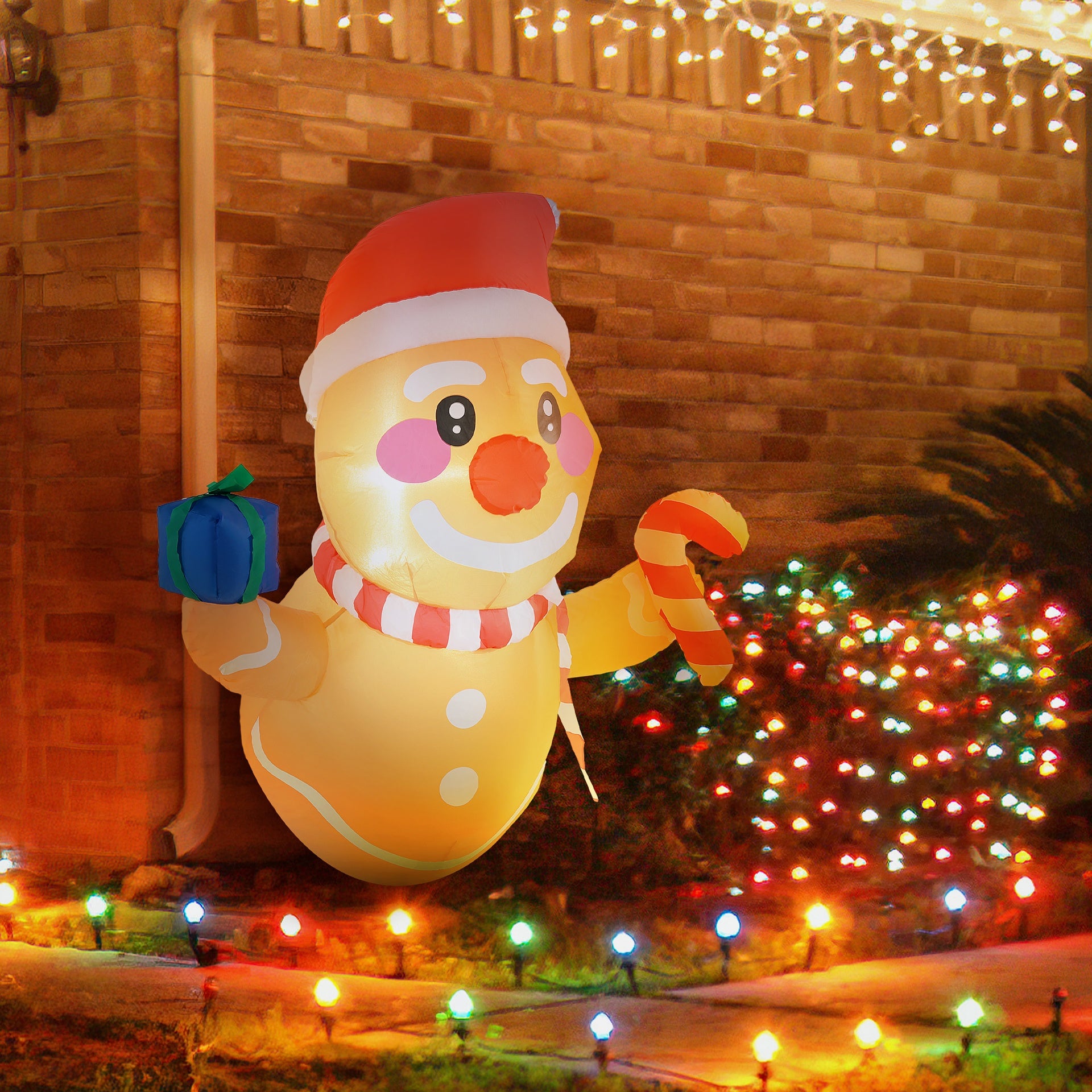Outsunny 3.4' Inflatable Hanging Gingerbread Man Holding Gift Box & Candy Cane w/ LED Lights, Blow-Up Outdoor Display for Party