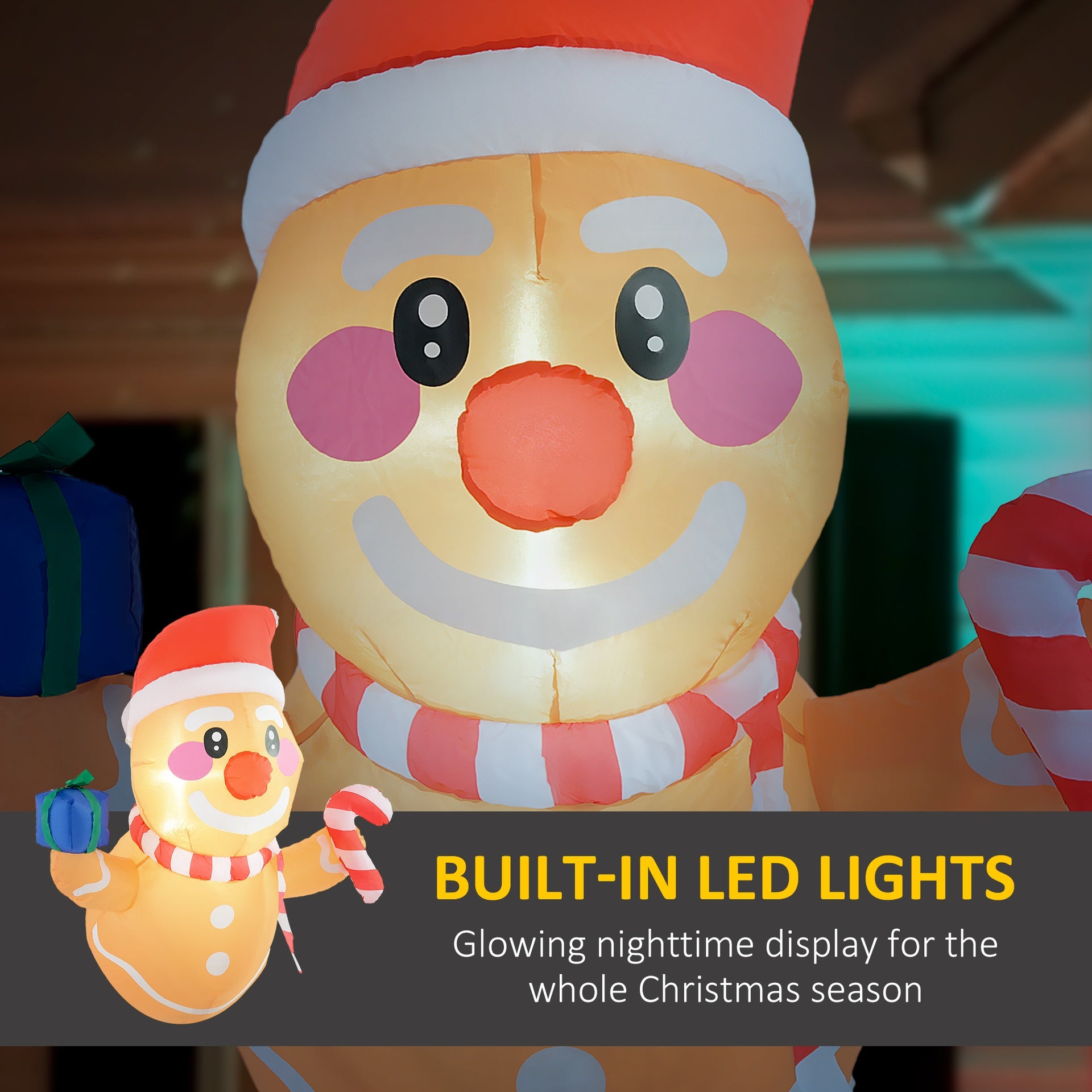 Outsunny 3.4' Inflatable Hanging Gingerbread Man Holding Gift Box & Candy Cane w/ LED Lights, Blow-Up Outdoor Display for Party