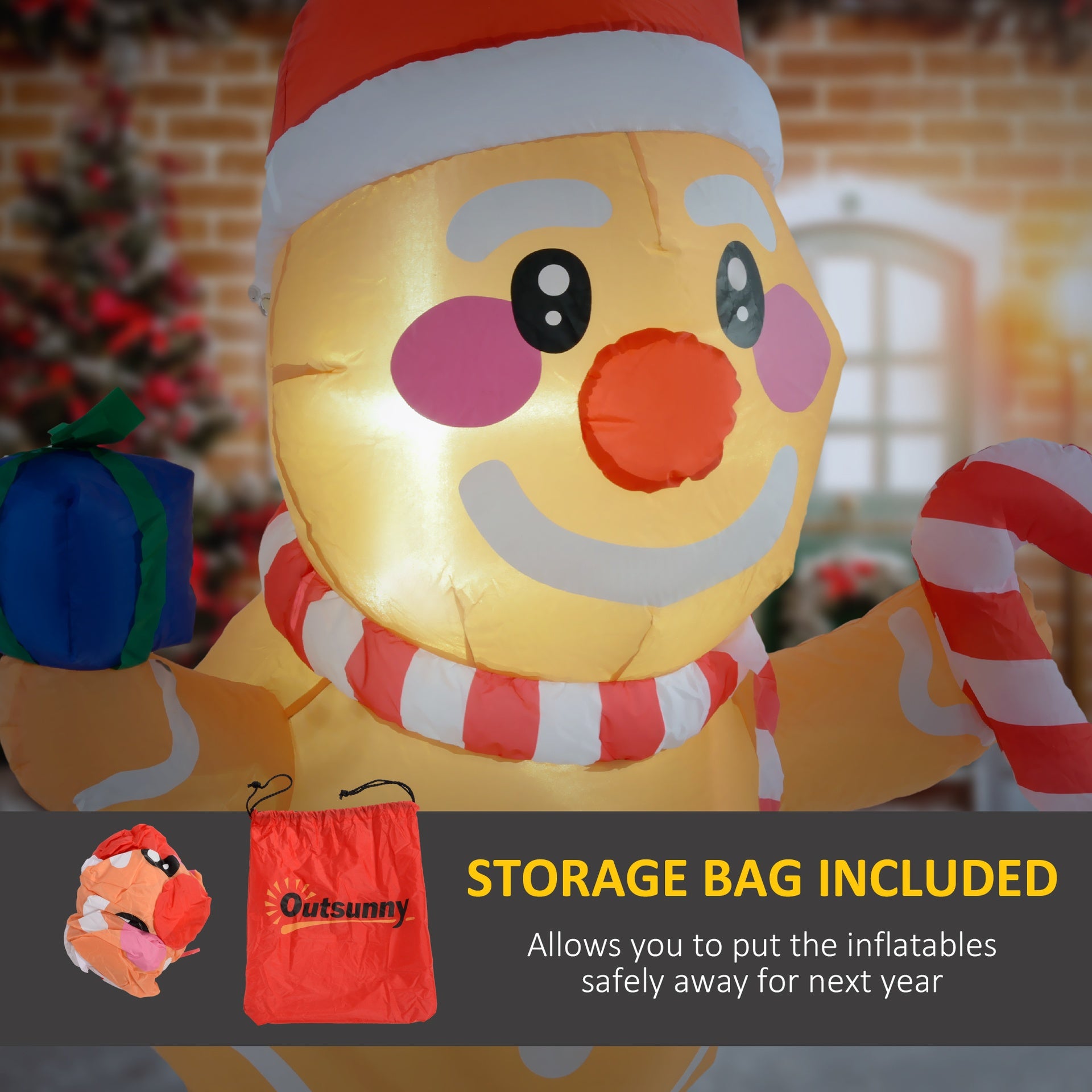 Outsunny 3.4' Inflatable Hanging Gingerbread Man Holding Gift Box & Candy Cane w/ LED Lights, Blow-Up Outdoor Display for Party