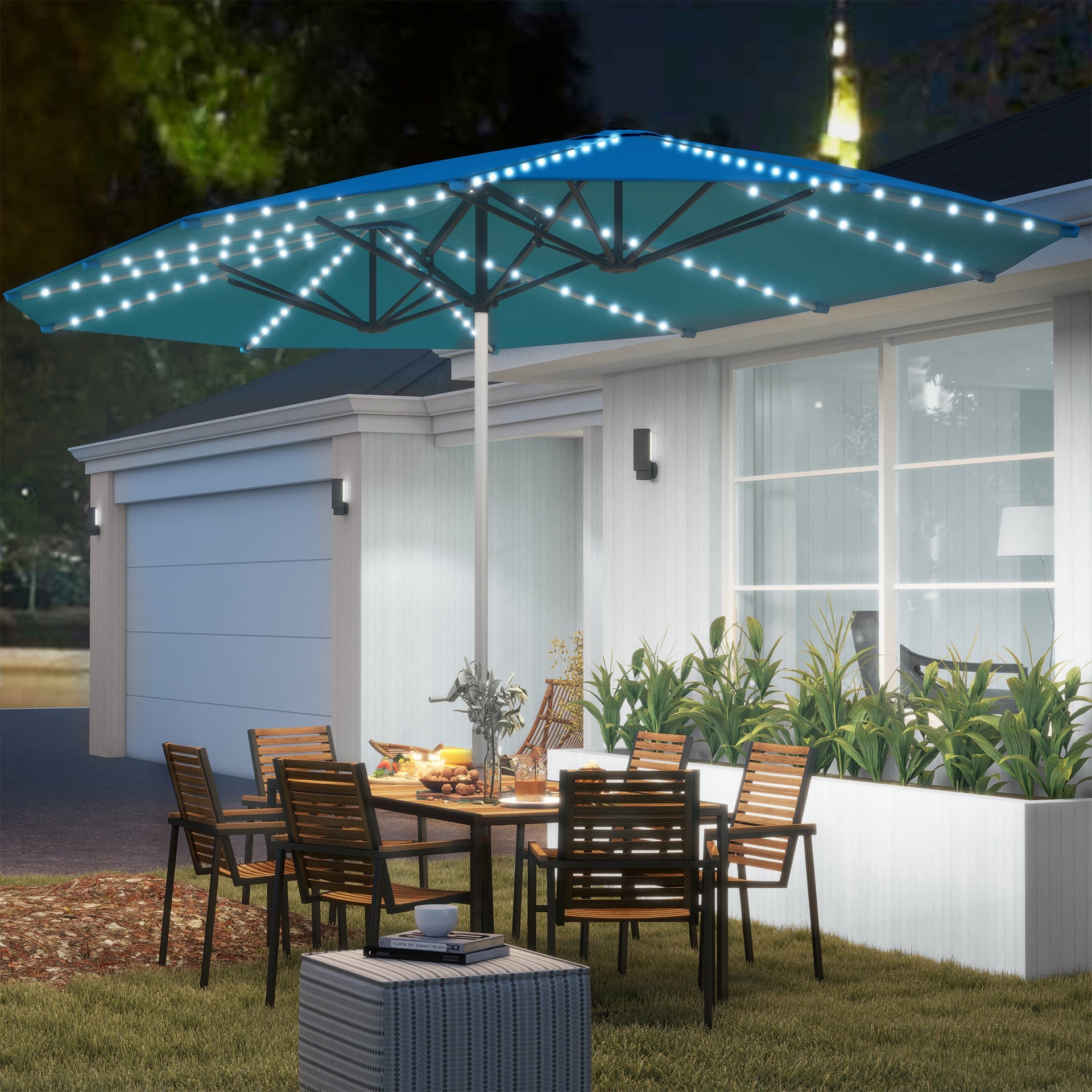 Outsunny 15ft Double-Sided Outdoor Umbrella with Solar Lights, UPF50+ Extra Large Aluminum Patio Umbrella with Crank, Blue