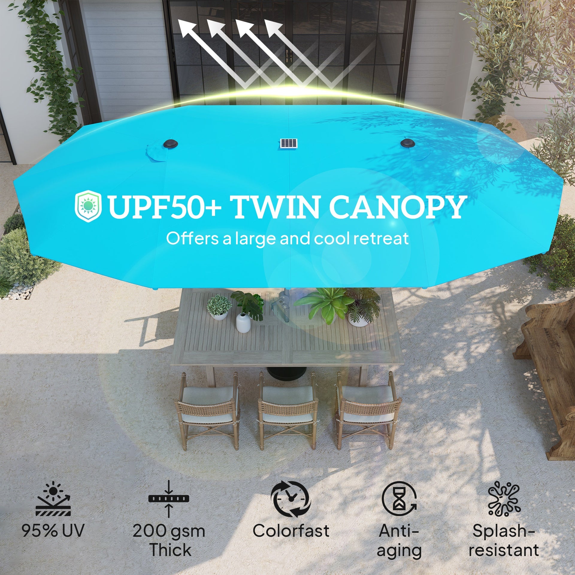 Outsunny 15ft Double-Sided Outdoor Umbrella with Solar Lights, UPF50+ Extra Large Aluminum Patio Umbrella with Crank, Blue