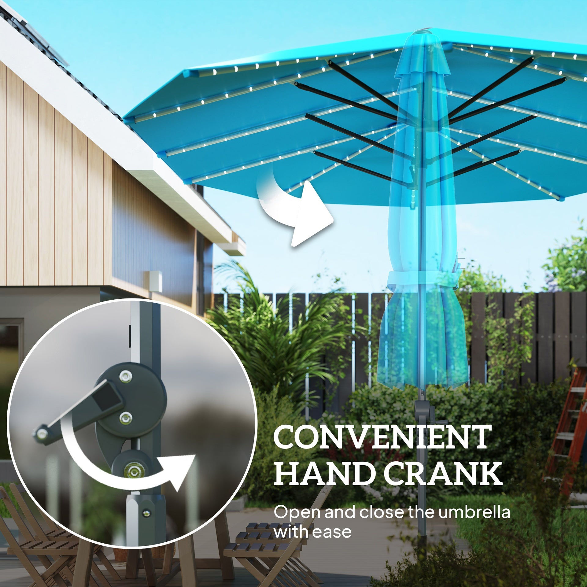 Outsunny 15ft Double-Sided Outdoor Umbrella with Solar Lights, UPF50+ Extra Large Aluminum Patio Umbrella with Crank, Blue