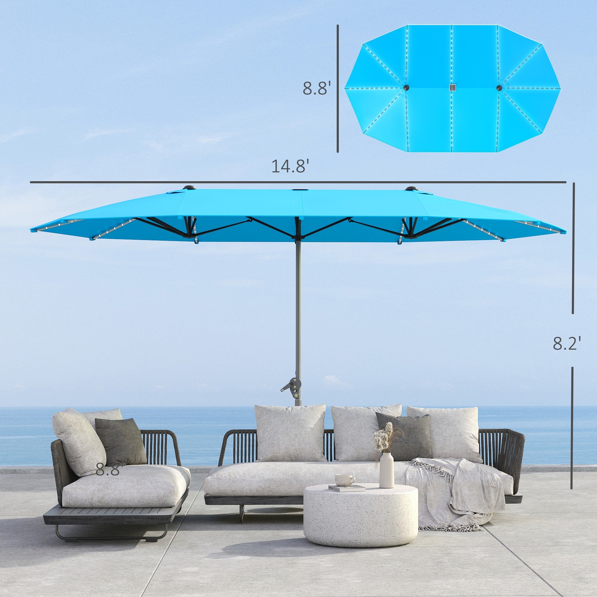 Outsunny 15ft Double-Sided Outdoor Umbrella with Solar Lights, UPF50+ Extra Large Aluminum Patio Umbrella with Crank, Blue