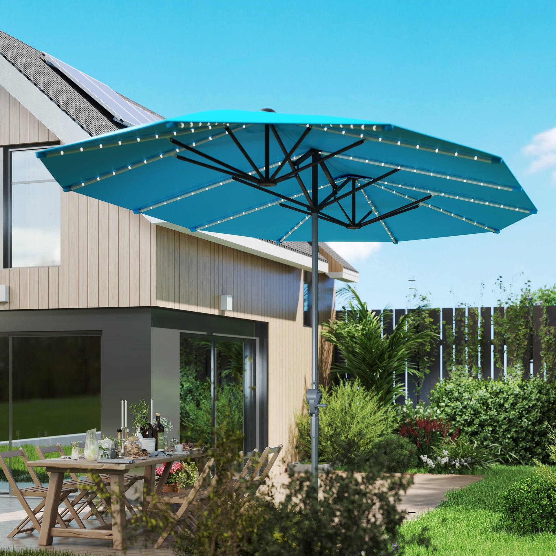 Outsunny 15ft Double-Sided Outdoor Umbrella with Solar Lights, UPF50+ Extra Large Aluminum Patio Umbrella with Crank, Blue