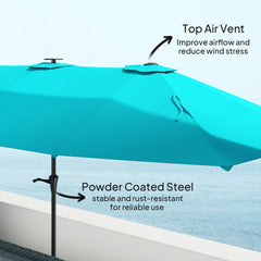 Outsunny 13ft Double-Sided Market Umbrella, Large Patio Umbrella with Solar Lights, Crank Handle for Garden, Pool, Yard, Blue