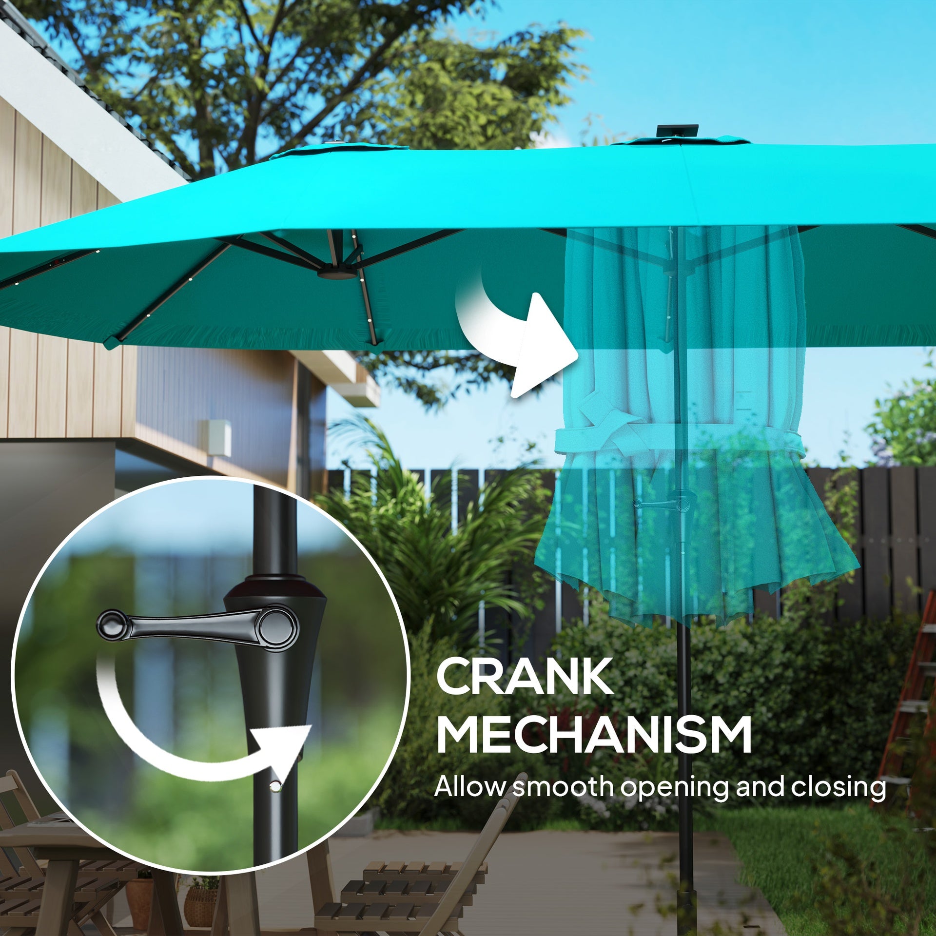 Outsunny 13ft Double-Sided Market Umbrella, Large Patio Umbrella with Solar Lights, Crank Handle for Garden, Pool, Yard, Blue