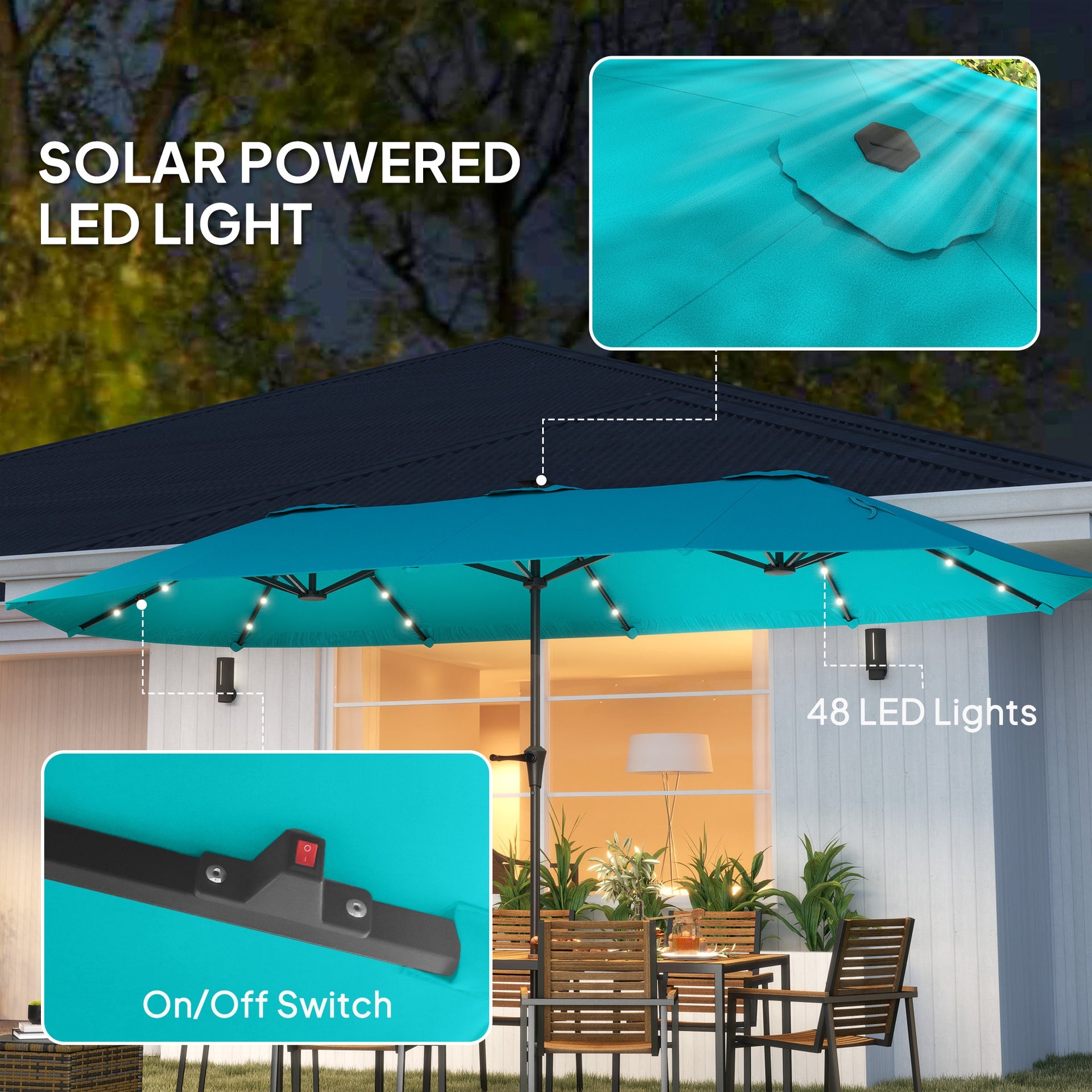 Outsunny 13ft Double-Sided Market Umbrella, Large Patio Umbrella with Solar Lights, Crank Handle for Garden, Pool, Yard, Blue