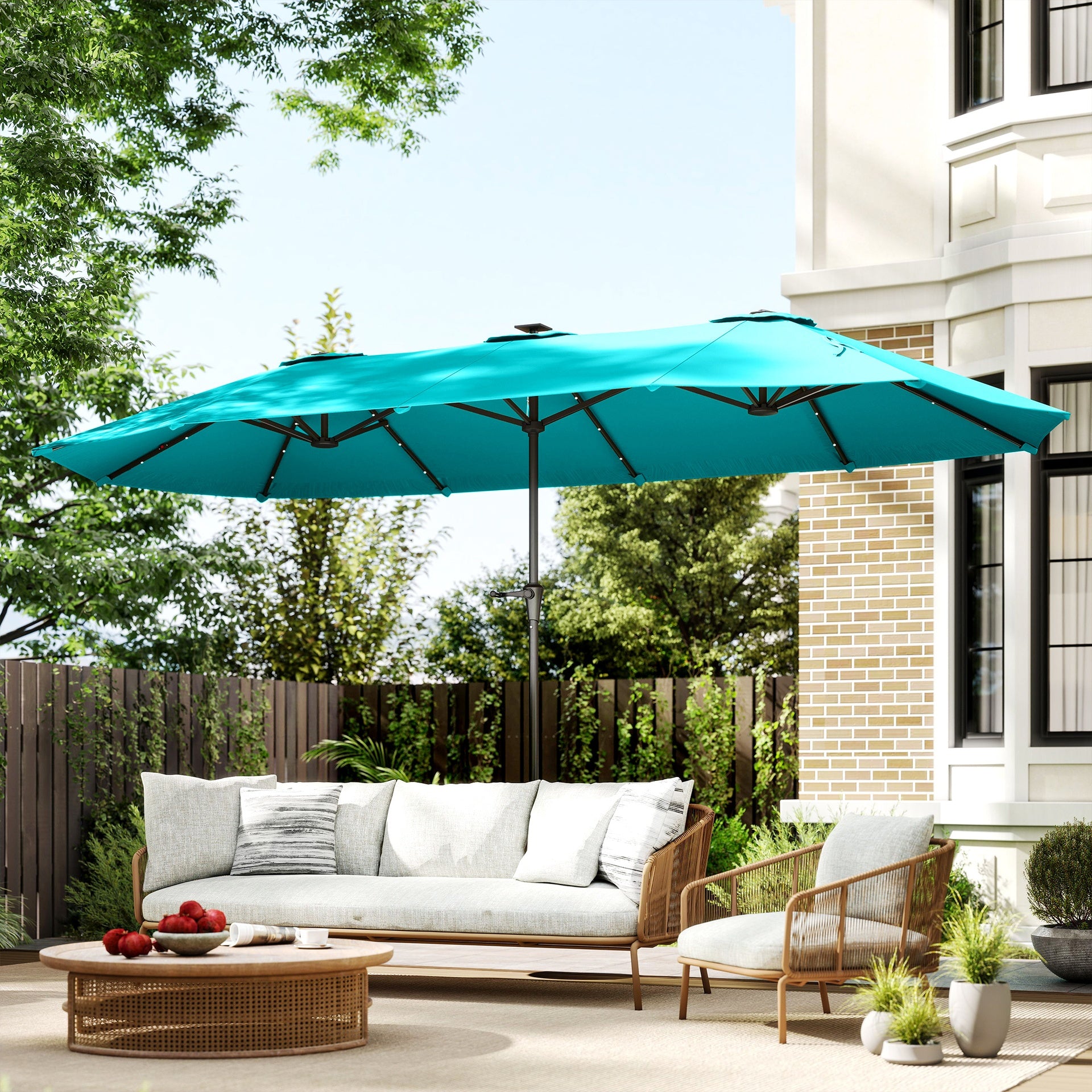Outsunny 13ft Double-Sided Market Umbrella, Large Patio Umbrella with Solar Lights, Crank Handle for Garden, Pool, Yard, Blue