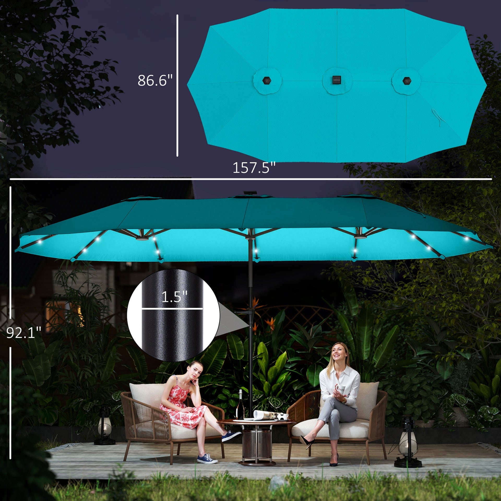 Outsunny 13ft Double-Sided Market Umbrella, Large Patio Umbrella with Solar Lights, Crank Handle for Garden, Pool, Yard, Blue