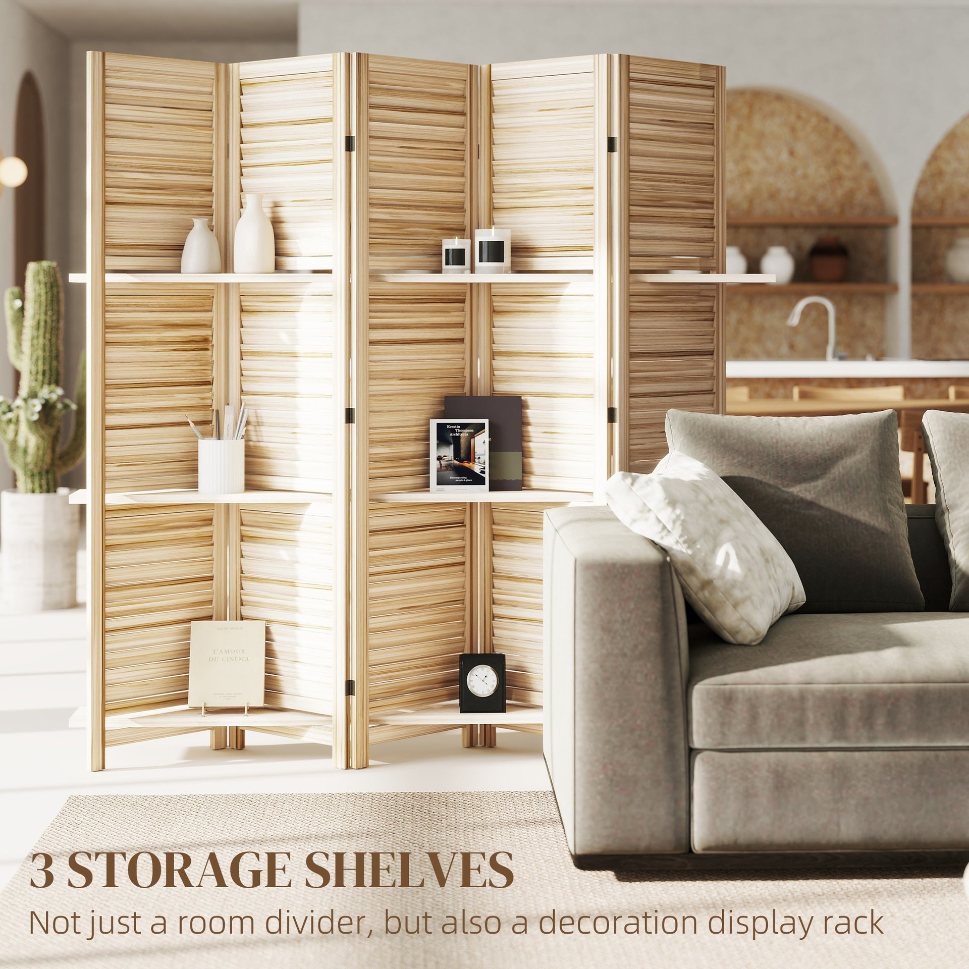 HOMCOM 5 Panel 67" Tall Wood Privacy Screen Room Divider with 3 Shelves and Folding Storage for Bedroom, Natural Wood