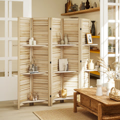 HOMCOM 5 Panel 67" Tall Wood Privacy Screen Room Divider with 3 Shelves and Folding Storage for Bedroom, Natural Wood