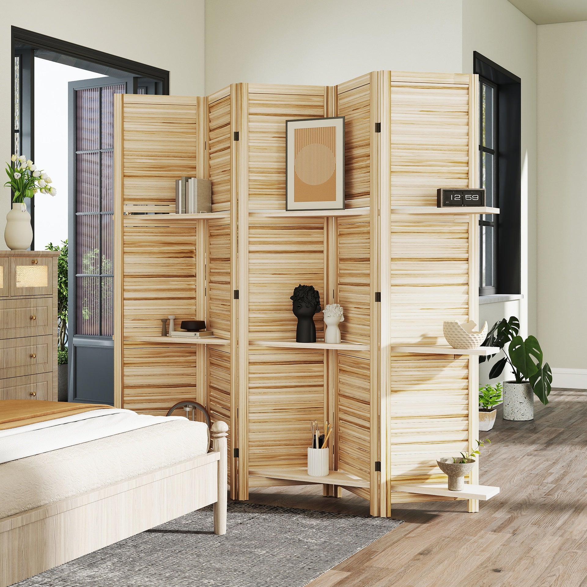 HOMCOM 5 Panel 67" Tall Wood Privacy Screen Room Divider with 3 Shelves and Folding Storage for Bedroom, Natural Wood