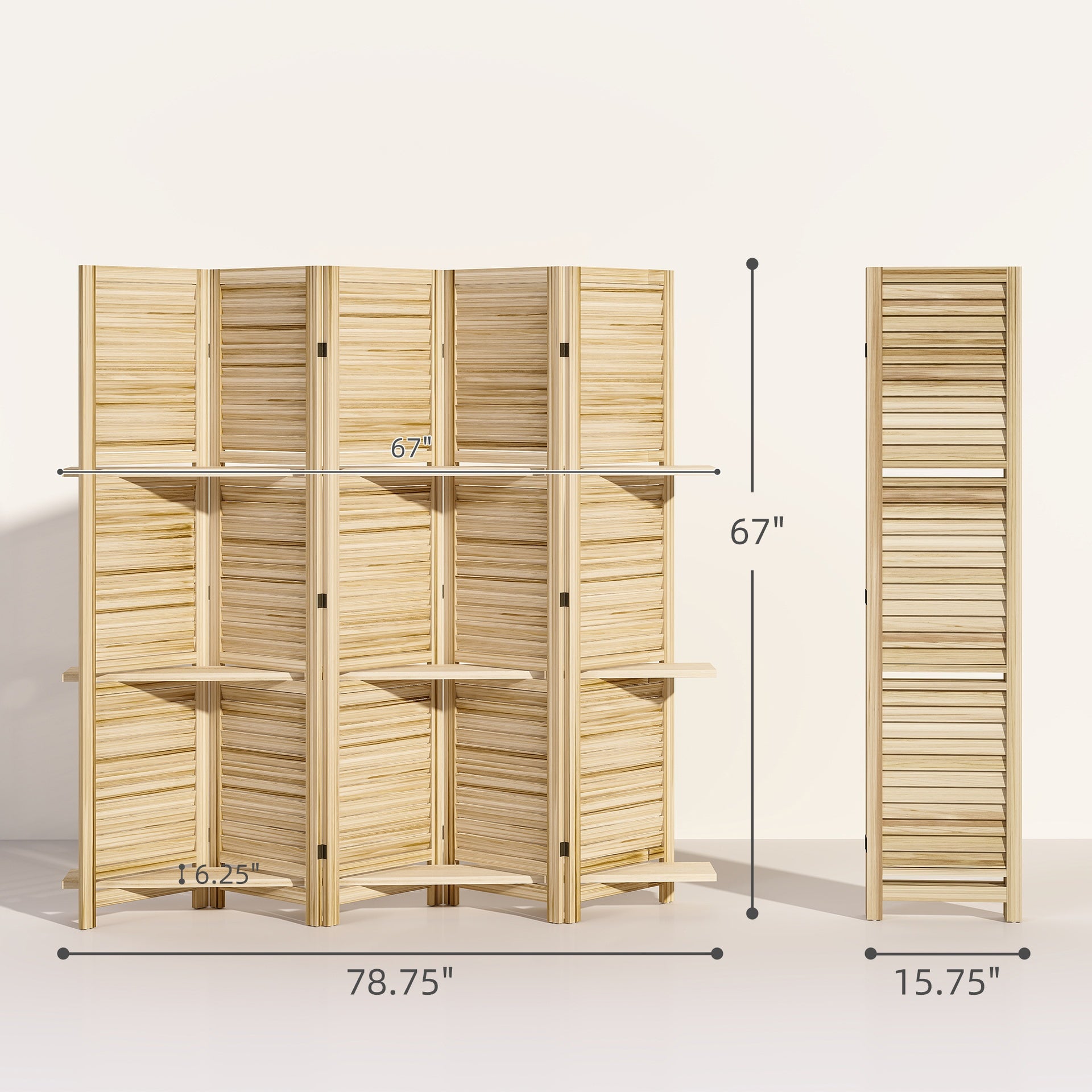 HOMCOM 5 Panel 67" Tall Wood Privacy Screen Room Divider with 3 Shelves and Folding Storage for Bedroom, Natural Wood