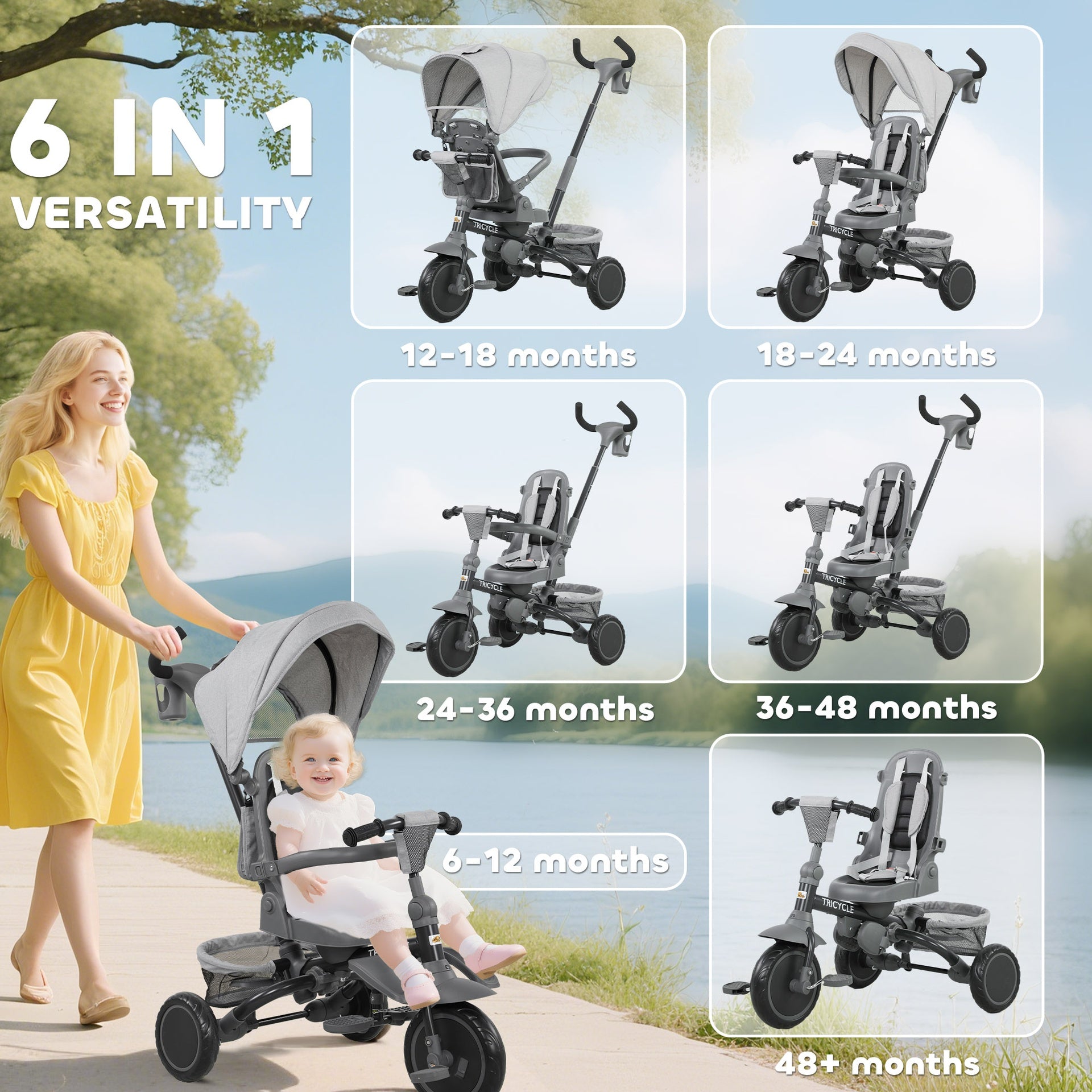 Qaba 6 in 1 Kids Tricycle with Adjustable Push Handle, Removable Canopy, Reversible Seat, for 1-5 Years, Gray