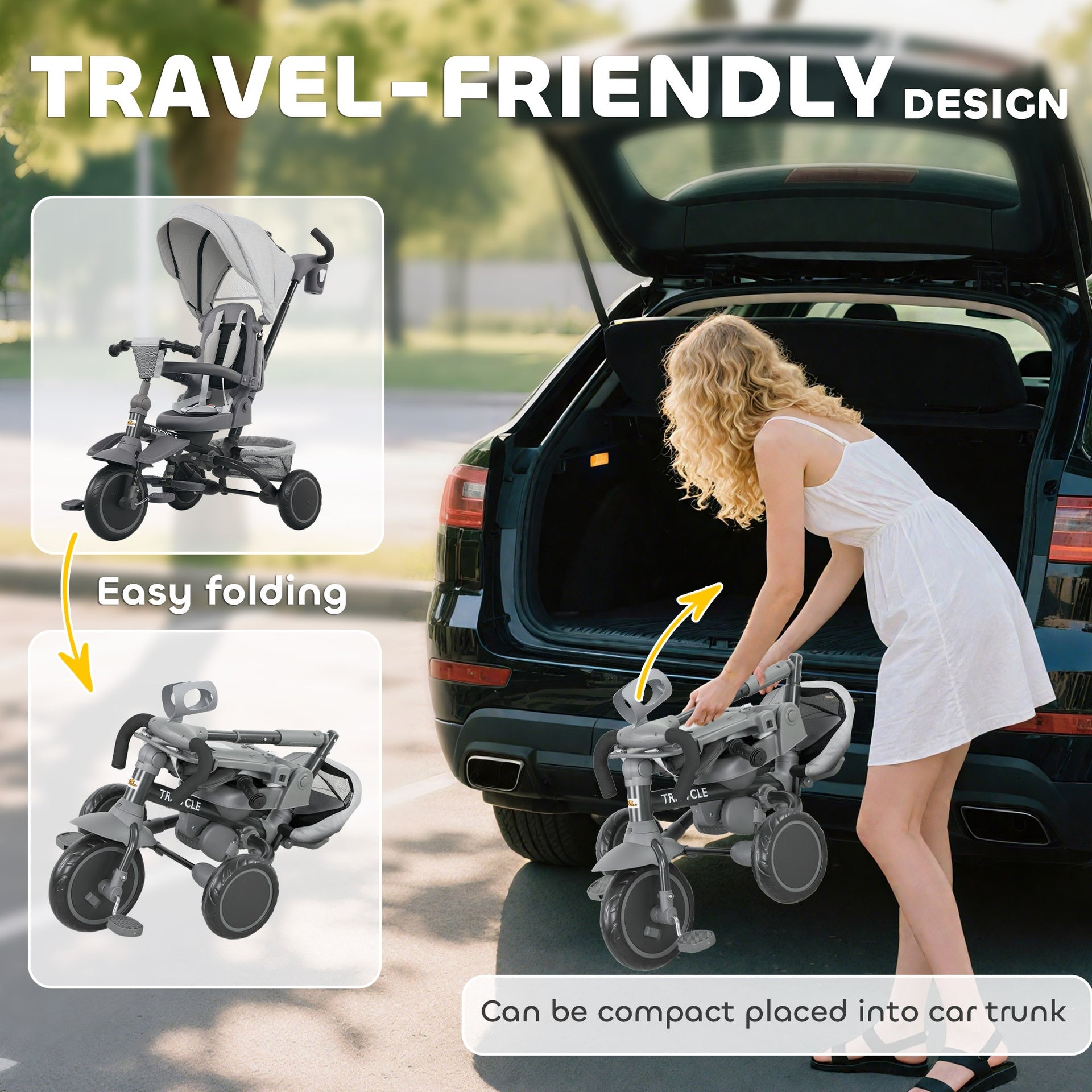 Qaba 6 in 1 Kids Tricycle with Adjustable Push Handle, Removable Canopy, Reversible Seat, for 1-5 Years, Gray