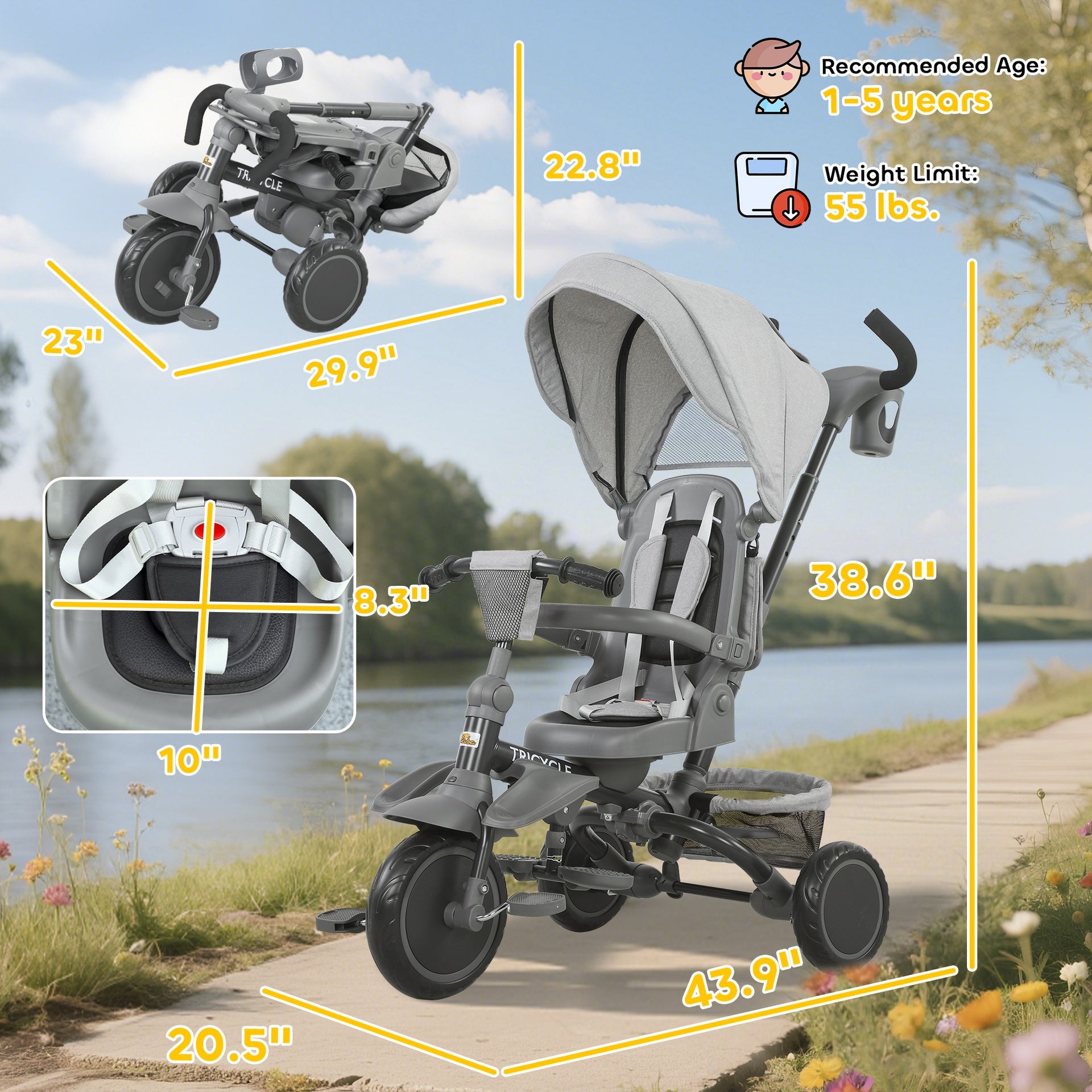 Qaba 6 in 1 Kids Tricycle with Adjustable Push Handle, Removable Canopy, Reversible Seat, for 1-5 Years, Gray