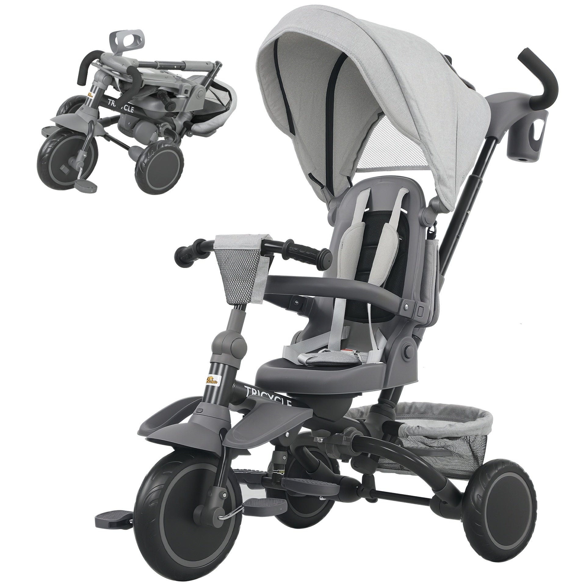 Qaba 6 in 1 Kids Tricycle with Adjustable Push Handle, Removable Canopy, Reversible Seat, for 1-5 Years, Gray
