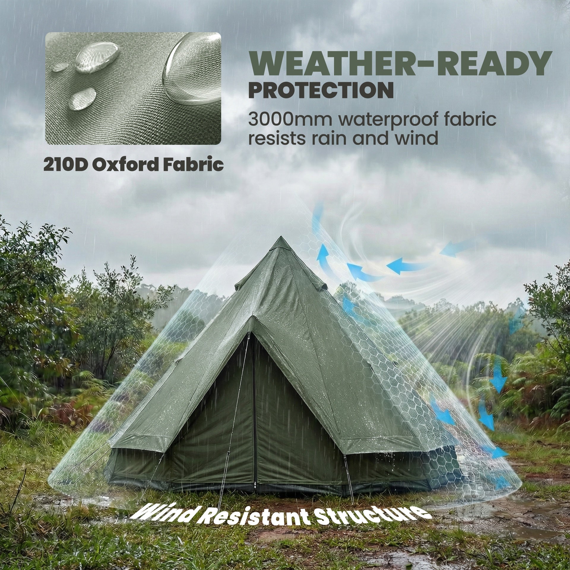 Outsunny Teepee Tent Waterproof Camping Tent with Stove Jack for 4-6 People for Outdoor Camping Hiking Army Green