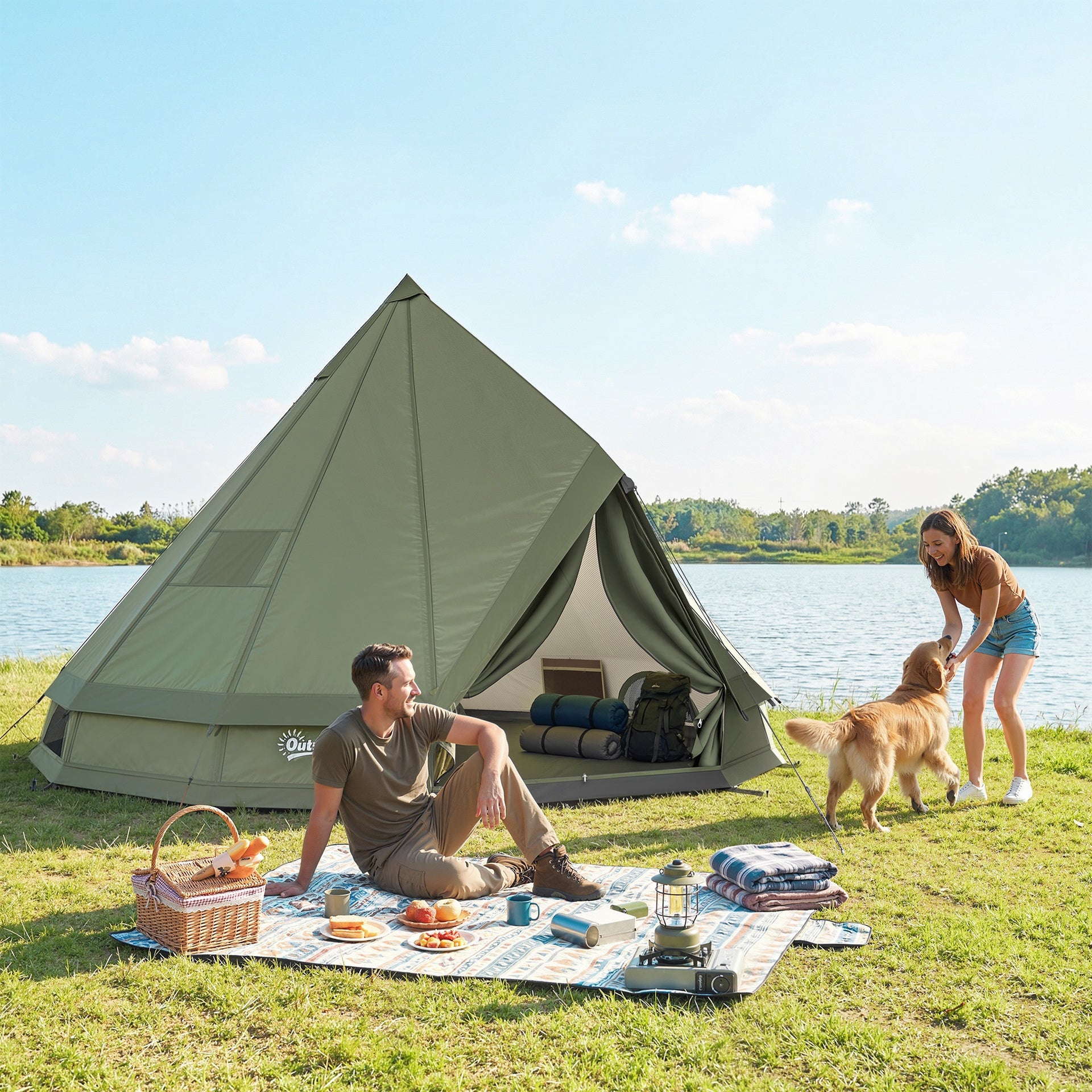 Outsunny Teepee Tent Waterproof Camping Tent with Stove Jack for 4-6 People for Outdoor Camping Hiking Army Green