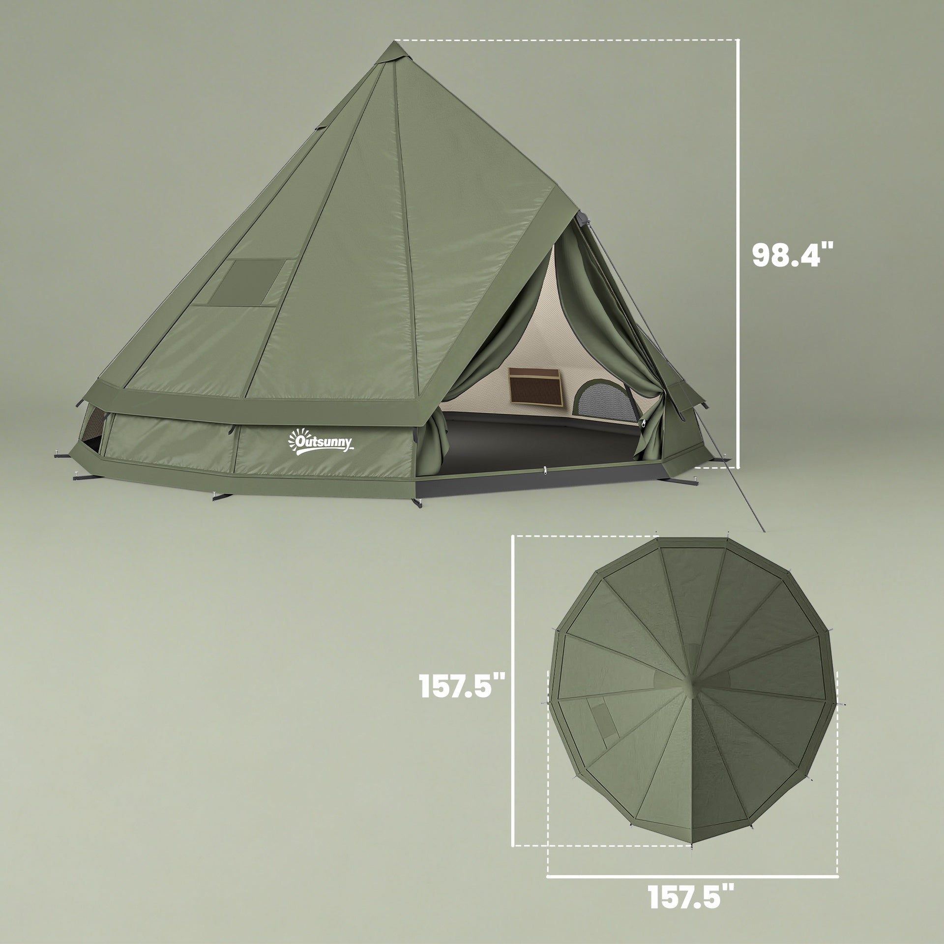 Outsunny Teepee Tent Waterproof Camping Tent with Stove Jack for 4-6 People for Outdoor Camping Hiking Army Green