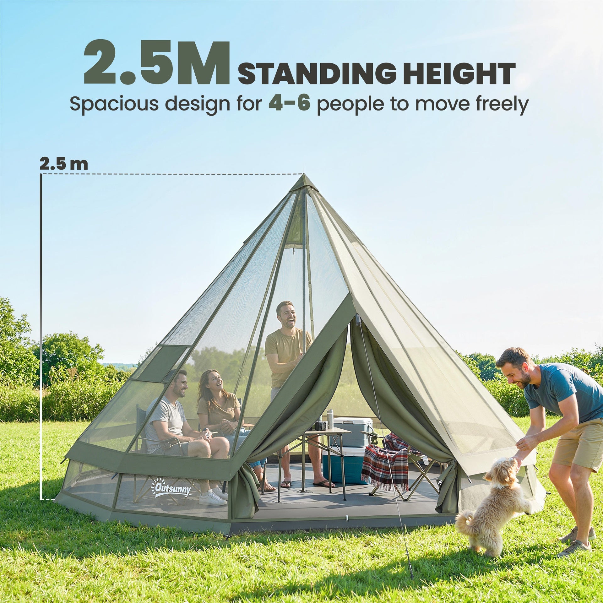 Outsunny Teepee Tent Waterproof Camping Tent with Stove Jack for 4-6 People for Outdoor Camping Hiking Army Green