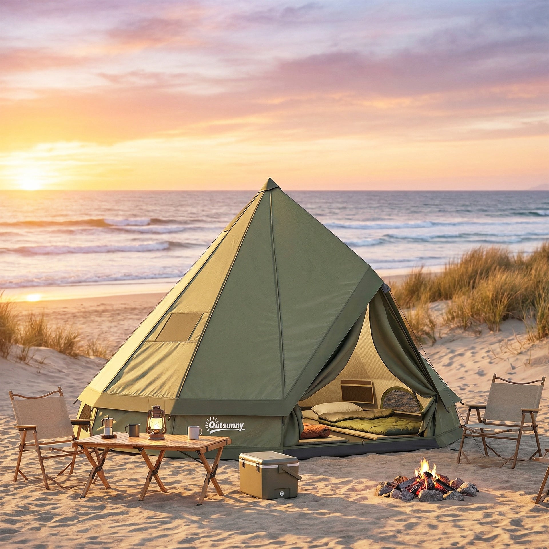 Outsunny Teepee Tent Waterproof Camping Tent with Stove Jack for 4-6 People for Outdoor Camping Hiking Army Green