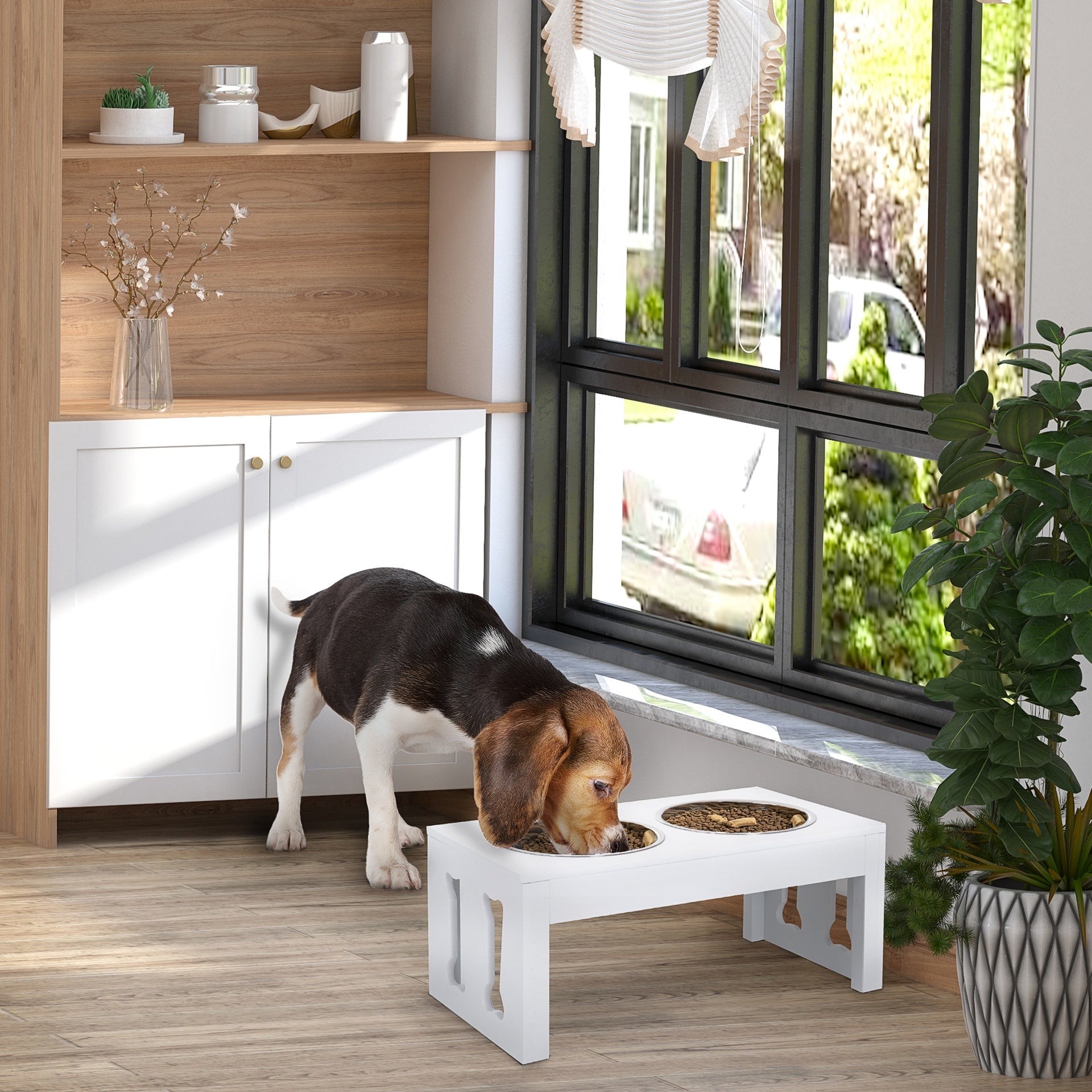 PawHut 23" Modern Decorative Raised Dog Bowls, Wooden Heavy Duty Pet Food and Water Bowl, Elevated Feeding Station, White