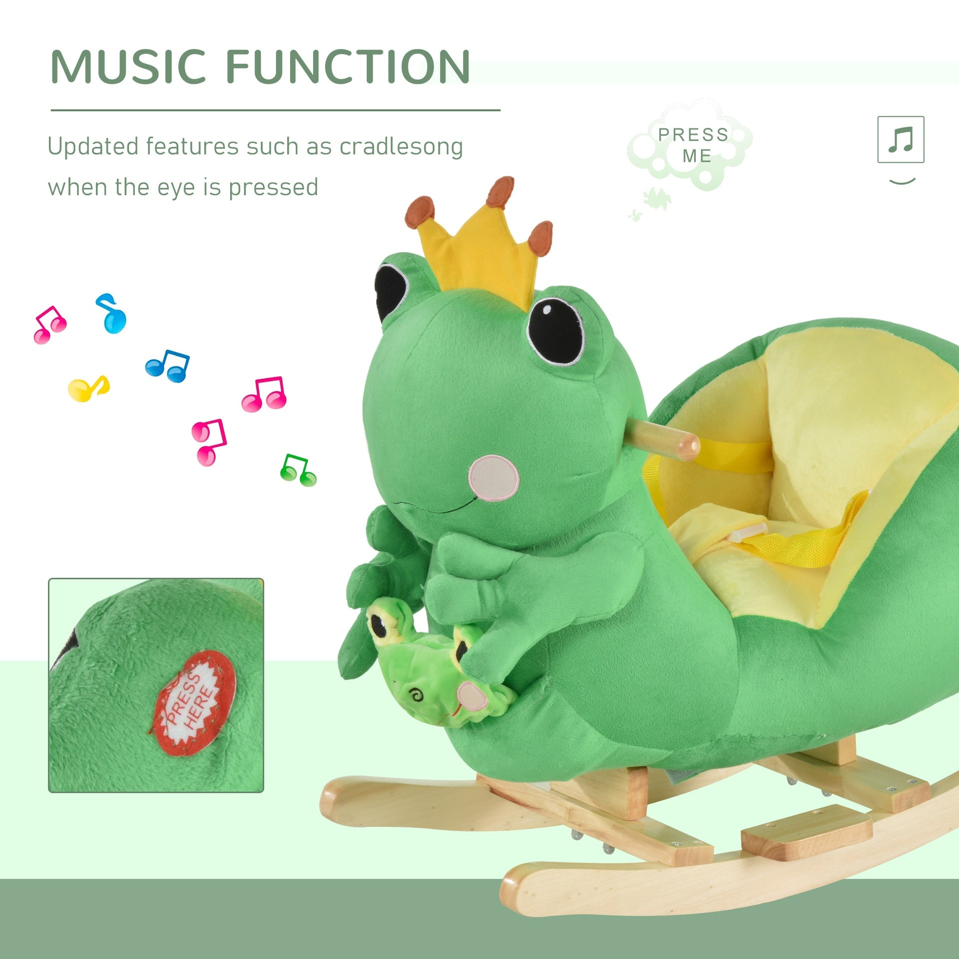 Qaba Kids Ride-On Rocking Horse Toy Frog Style Rocker with Fun Music, Seat Belt & Soft Plush Fabric Hand Puppet for Children 18-36 Months
