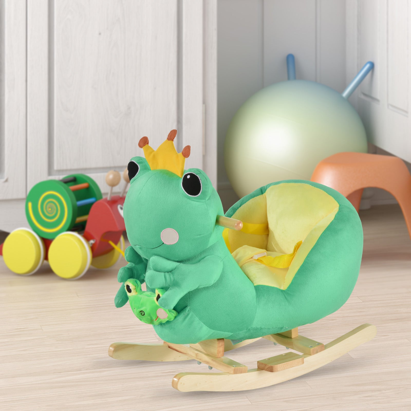 Qaba Kids Ride-On Rocking Horse Toy Frog Style Rocker with Fun Music, Seat Belt & Soft Plush Fabric Hand Puppet for Children 18-36 Months