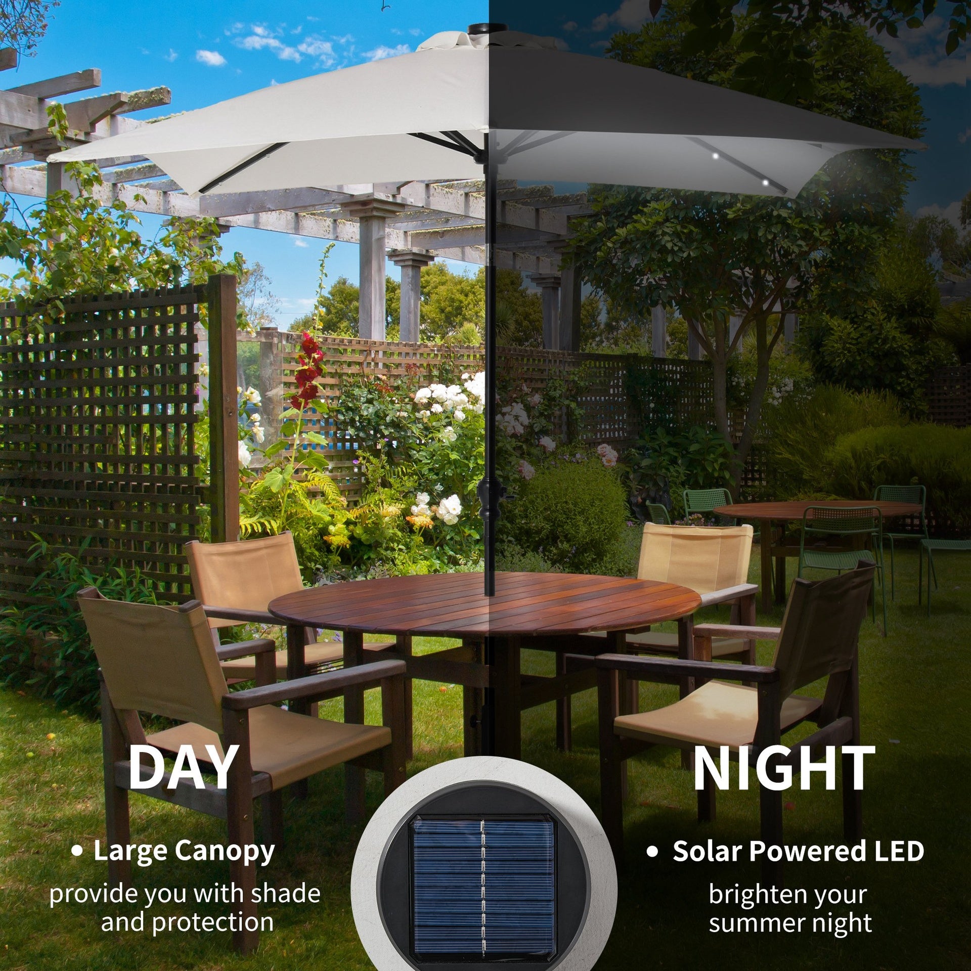 Outsunny 9' x 7' Patio Umbrella Outdoor Table Market Umbrella with Crank, Solar LED Lights, 45° Tilt, Push-Button Operation, for Deck, Backyard, Pool and Lawn, White