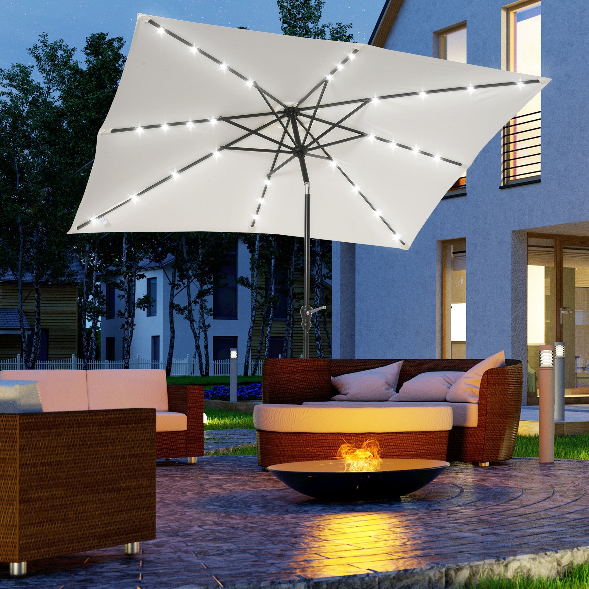 Outsunny 9' x 7' Patio Umbrella Outdoor Table Market Umbrella with Crank, Solar LED Lights, 45° Tilt, Push-Button Operation, for Deck, Backyard, Pool and Lawn, White