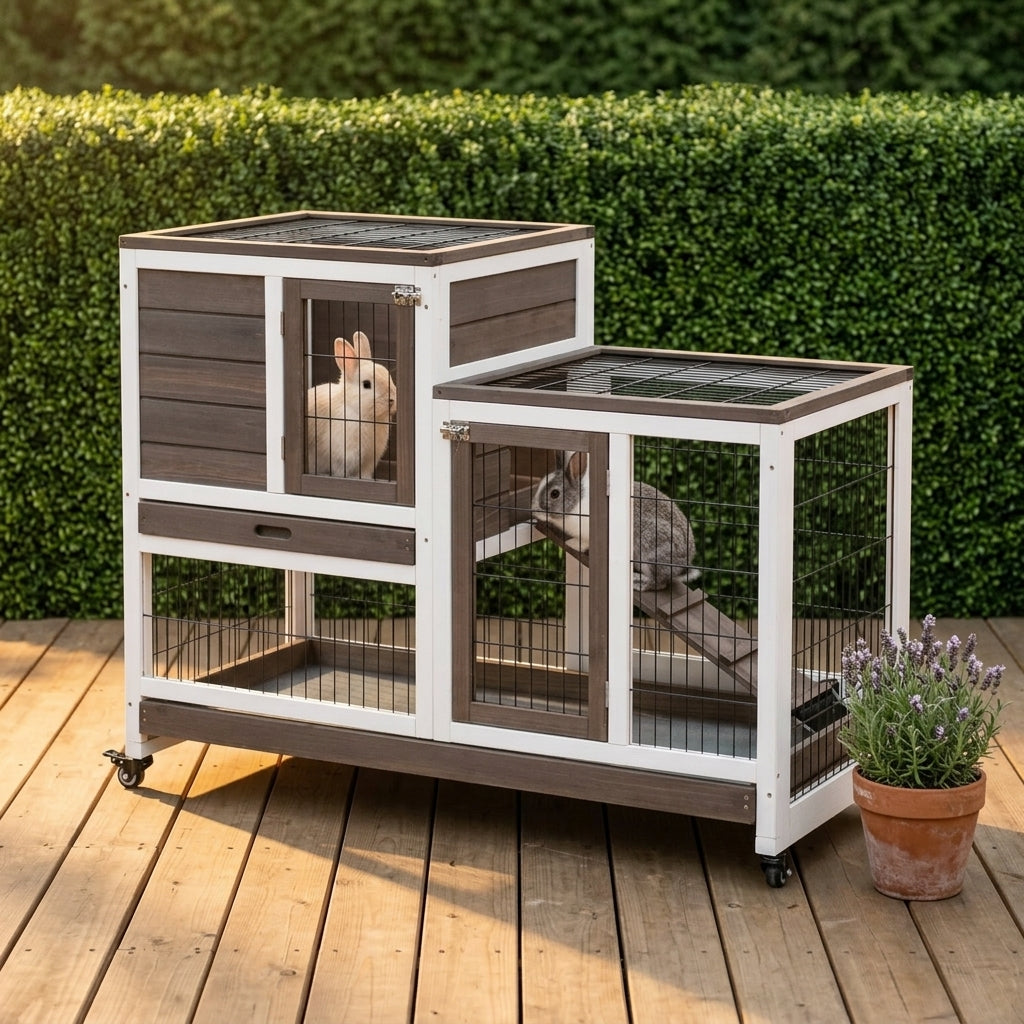 PawHut Wooden Rabbit Hutch Elevated Bunny Cage Indoor Small Animal Habitat with Enclosed Run with Wheels, Ramp, Removable Tray for Rabbits, Chickens, Ducks, Guinea Pigs, Brown
