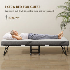 HOMCOM Folding Bed with Mattress for Adults, Long Twin Size, Portable Foldable Bed with 4" Foam Mattress & Space-Saving Steel Frame, 79" x 35", Fold Up, Roll Away & Hideaway, White