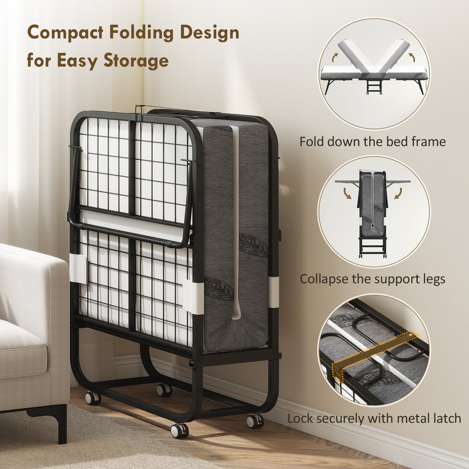 HOMCOM Folding Bed with Mattress for Adults, Long Twin Size, Portable Foldable Bed with 4" Foam Mattress & Space-Saving Steel Frame, 79" x 35", Fold Up, Roll Away & Hideaway, White