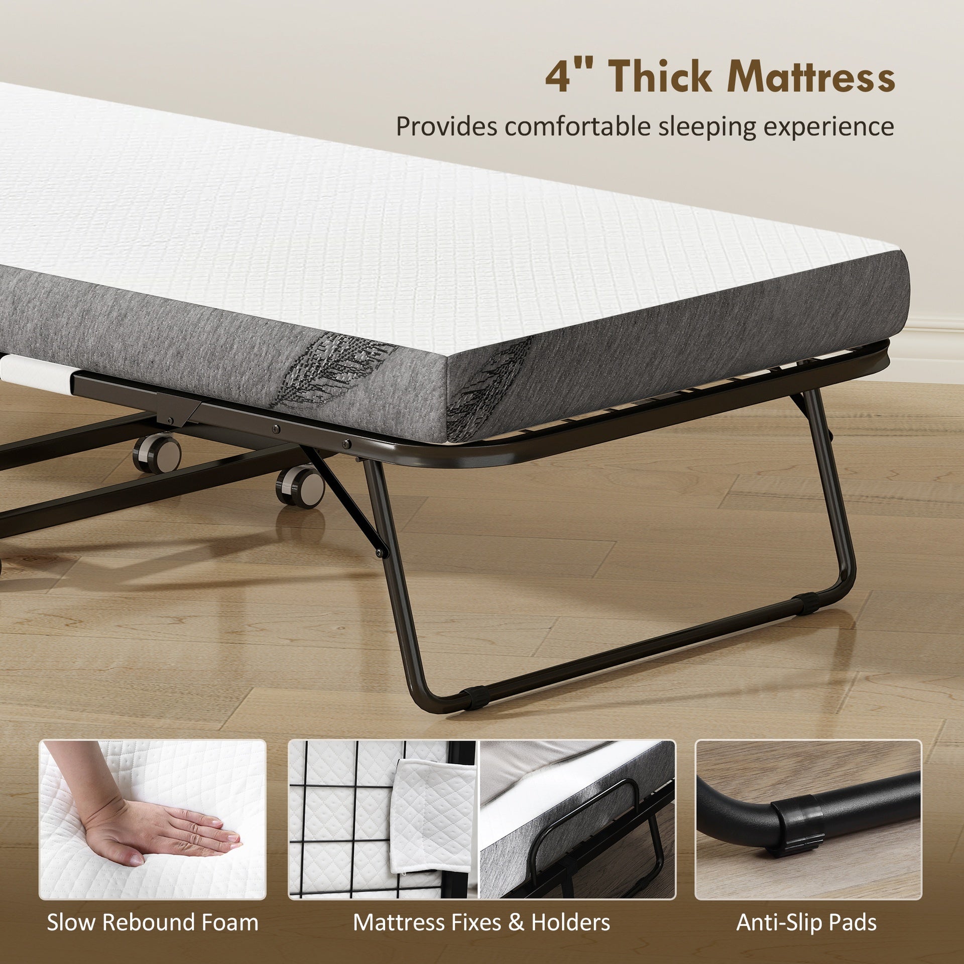 HOMCOM Folding Bed with Mattress for Adults, Long Twin Size, Portable Foldable Bed with 4" Foam Mattress & Space-Saving Steel Frame, 79" x 35", Fold Up, Roll Away & Hideaway, White