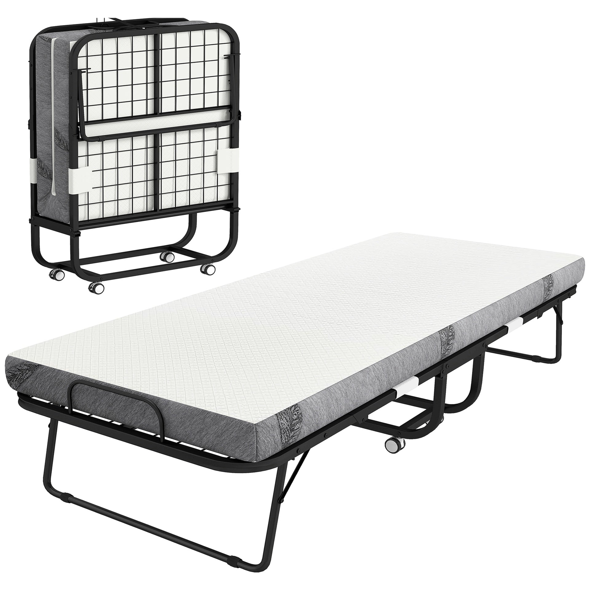HOMCOM Folding Bed with Mattress for Adults, Long Twin Size, Portable Foldable Bed with 4" Foam Mattress & Space-Saving Steel Frame, 79" x 35", Fold Up, Roll Away & Hideaway, White