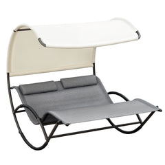 Outsunny Outdoor Double Chaise Rocking Chair, Day Bed Sun Lounger with Canopy Shade, Headrest Pillow, Armrests for Garden, Poolside, Light Gray