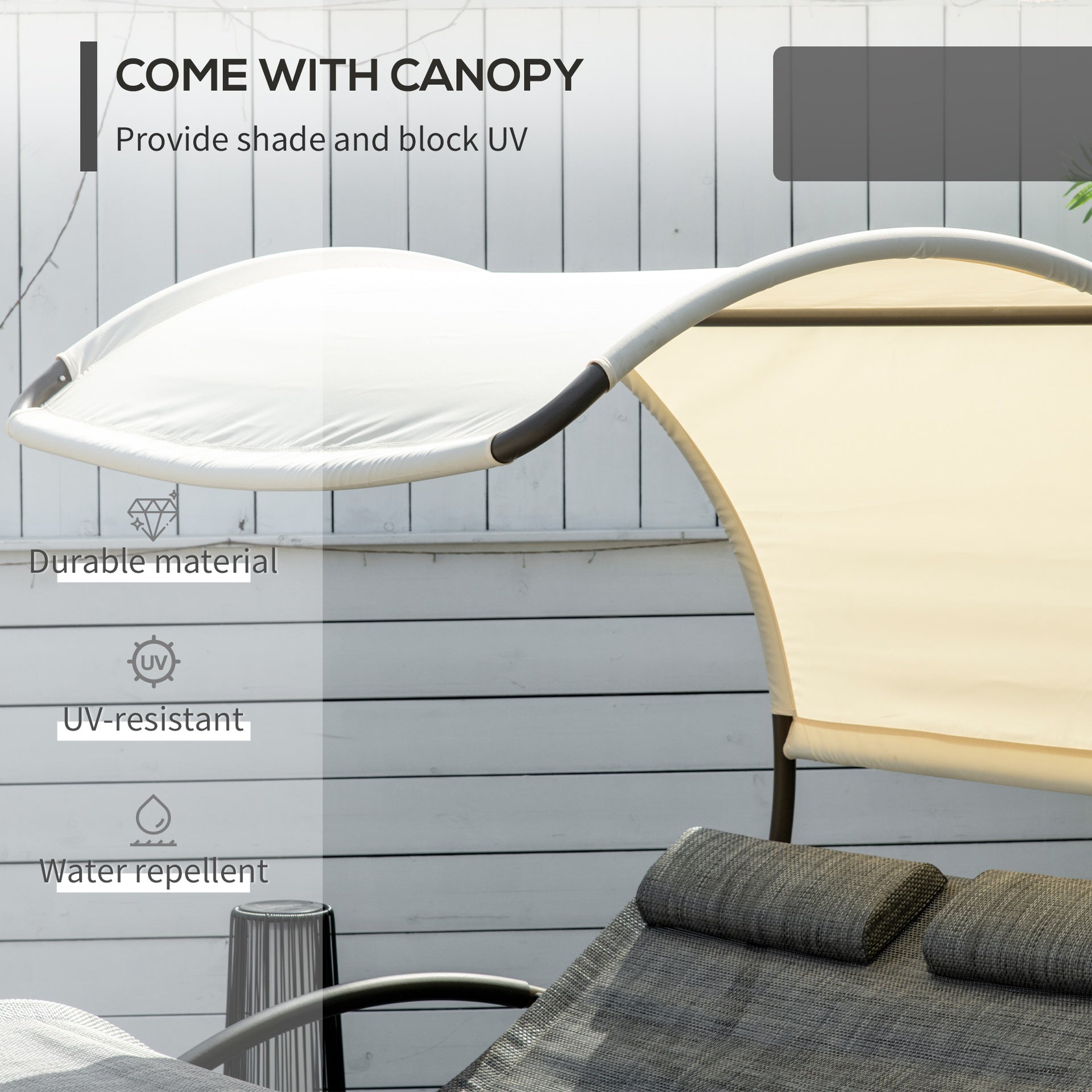 Outsunny Outdoor Double Chaise Rocking Chair, Day Bed Sun Lounger with Canopy Shade, Headrest Pillow, Armrests for Garden, Poolside, Light Gray
