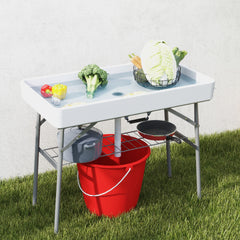 Outsunny 3.4ft Folding Ice Cooler Table with Drain, Fill and Chill Table Outdoor Table Cooler with Storage Shelf, Drink Cooler for Parties Picnic BBQ Camping Wedding, White