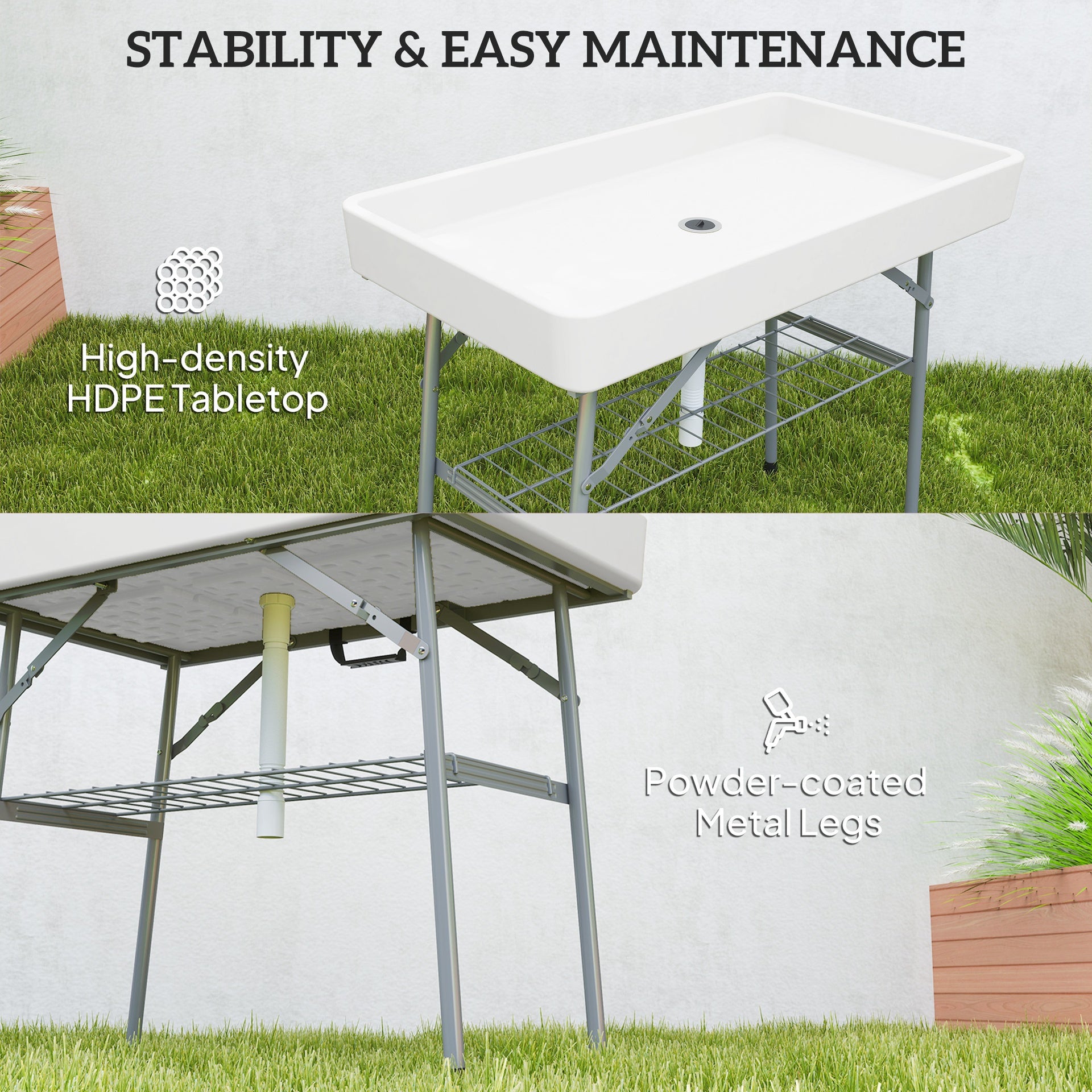 Outsunny 3.4ft Folding Ice Cooler Table with Drain, Fill and Chill Table Outdoor Table Cooler with Storage Shelf, Drink Cooler for Parties Picnic BBQ Camping Wedding, White